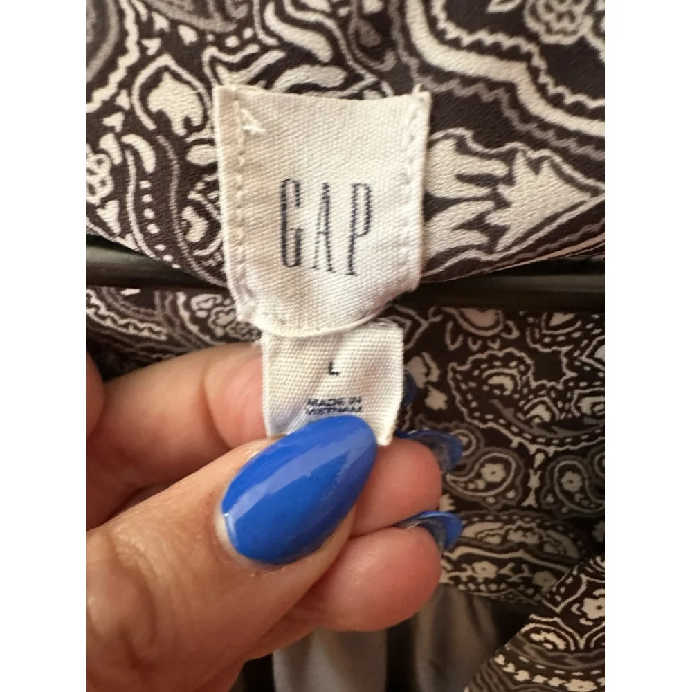 GAP Women's Printed Shirt Dress L Grey Drawstring Waist Pintuck Pleat Sleeveless - Picture 12 of 12